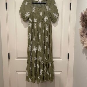 Polagram Womens Olive Green Puff Sleeve Maxi Dress with White Floral Embroidery